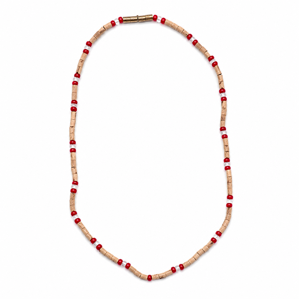 Single Layer Tulsi Mala with Red & White Beads | Handmade Natural Wooden Bead Necklace