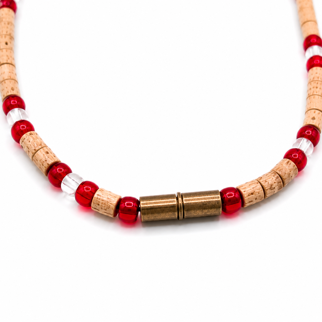 Dozen (12) Tulsi Mala with Red & White Beads | Handmade Natural Wooden Bead Necklace