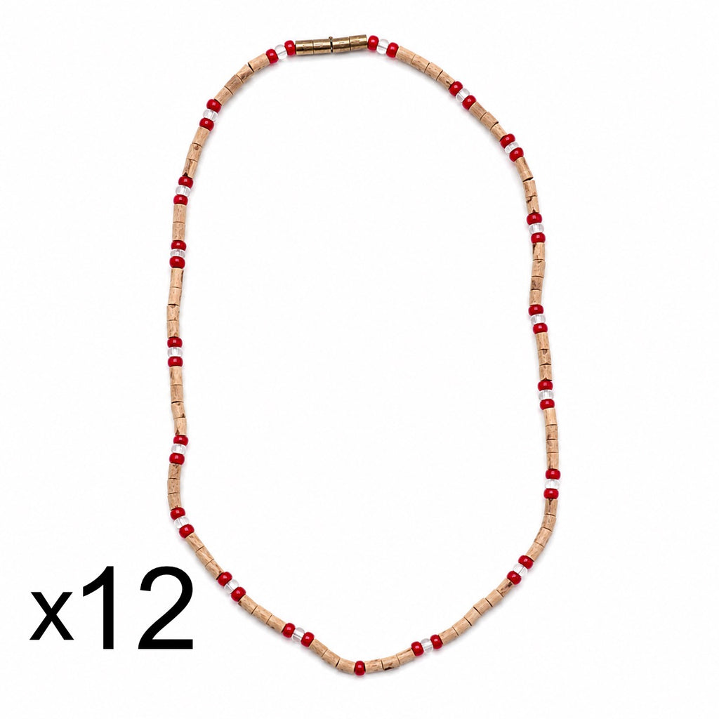 Dozen (12) Tulsi Mala with Red & White Beads | Handmade Natural Wooden Bead Necklace