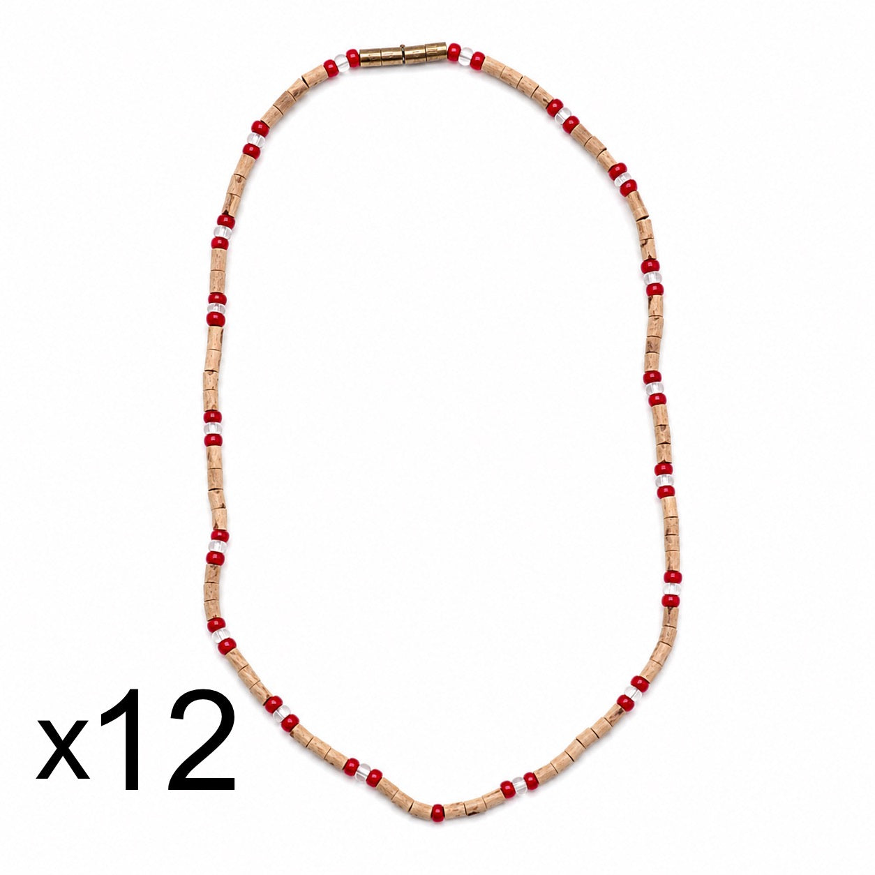 Dozen (12) Tulsi Mala with Red & White Beads | Handmade Natural Wooden Bead Necklace
